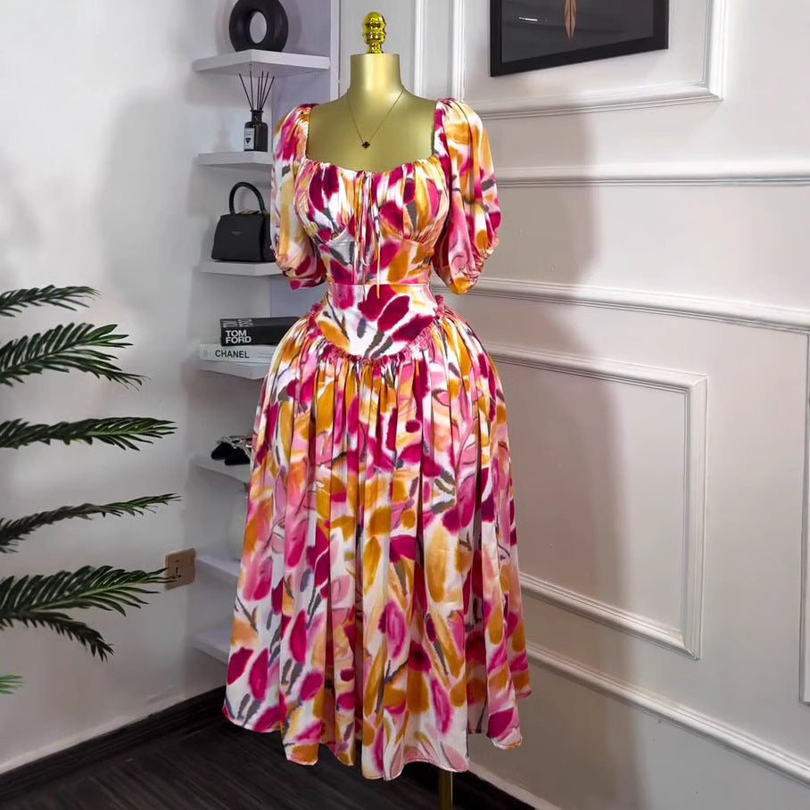 export spring/summer new arrival: elegant camisole bandeau dress with cinched waist and flowy maxi skirt, printed women's dress