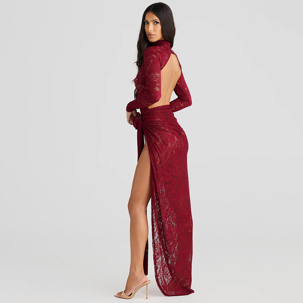 European and American  sexy slim-fit perspective two-piece set, half-turtleneck big halter onesie side split skirt set
