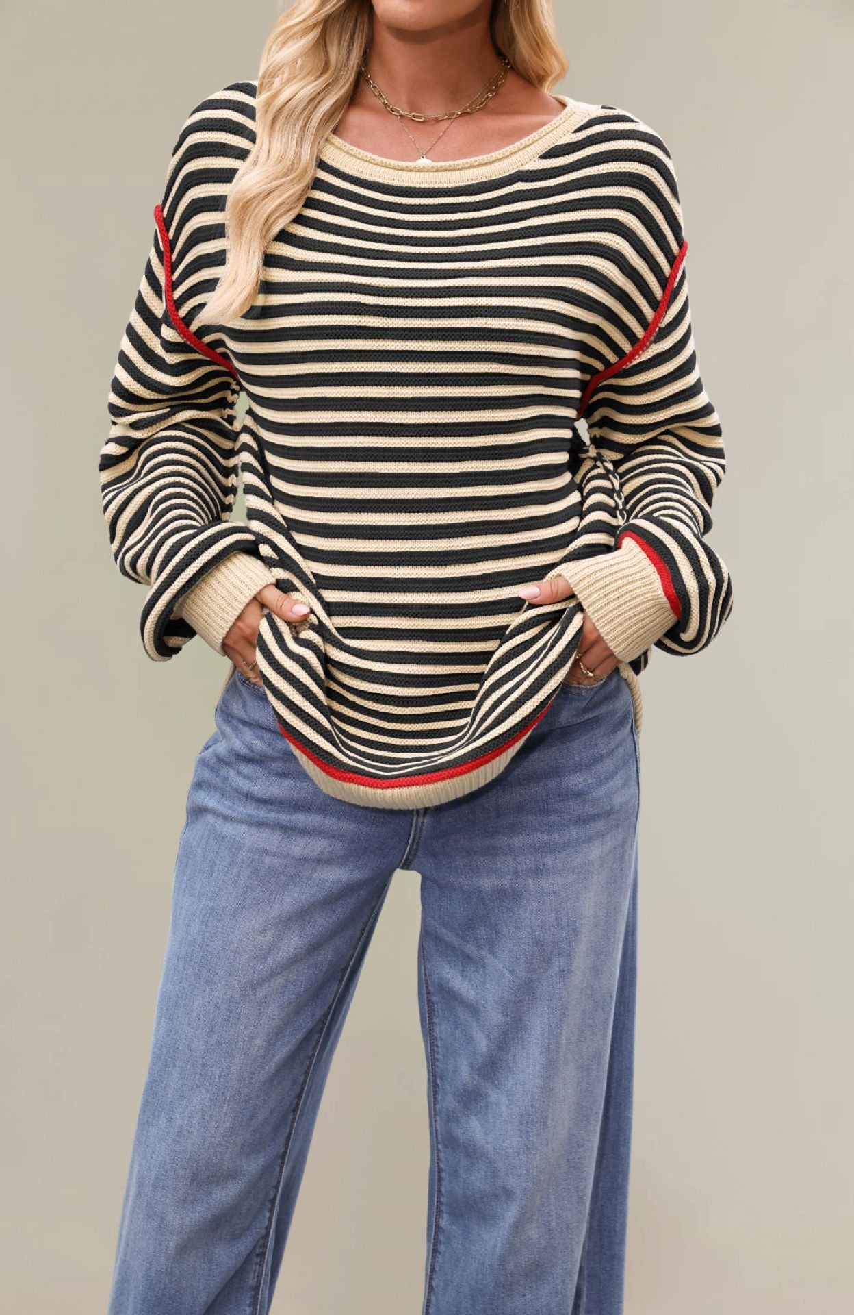 Cross-border new hot-selling autumn and winter sweaters, European and American women's clothing 2025 popular striped tops, round neck pullover, loose long sleeves