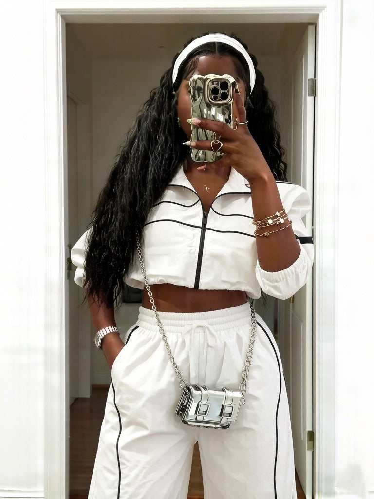 713 women's pant suit: fashionable sporty style zipper drawstring hem jacket + pocket wide-leg pants