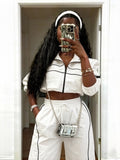 713 women's pant suit: fashionable sporty style zipper drawstring hem jacket + pocket wide-leg pants