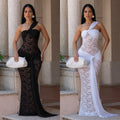 C7692 cross-border   fashion women's sexy lace one-shoulder ruffle bodycon dress