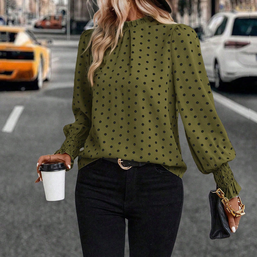European and american cross-border women's apparel:  spring/autumn new collection - printed pullover cropped top with polka dot long sleeves