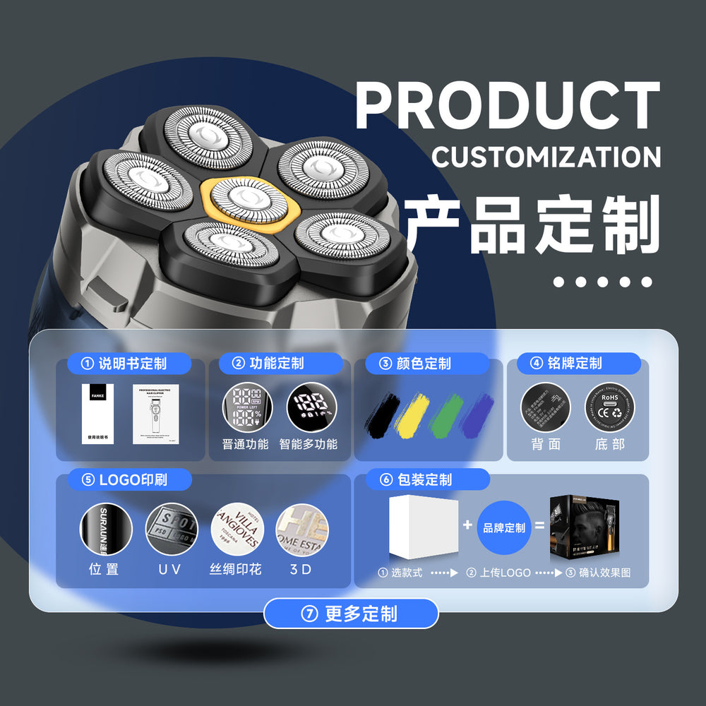 Electric head shaver, self-haircutting device, magnetic six-blade head, washable digital display electric razor