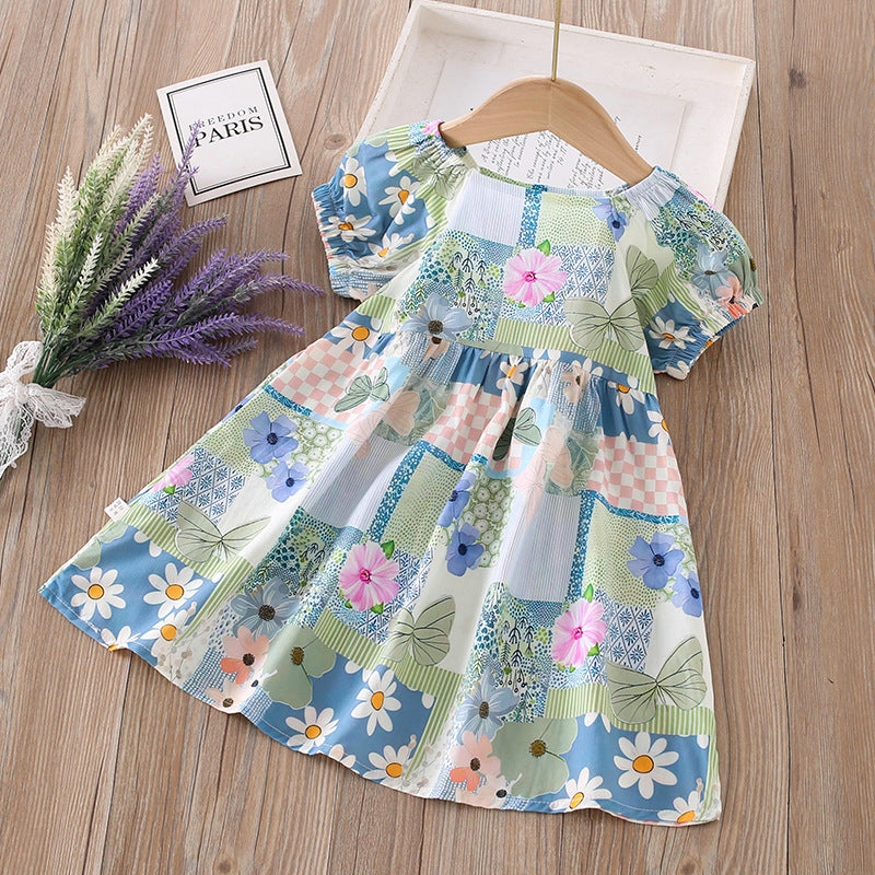 【matching family outfits】girls' cotton silk floral dress - princess style, stylish print, and puff sleeve skirt