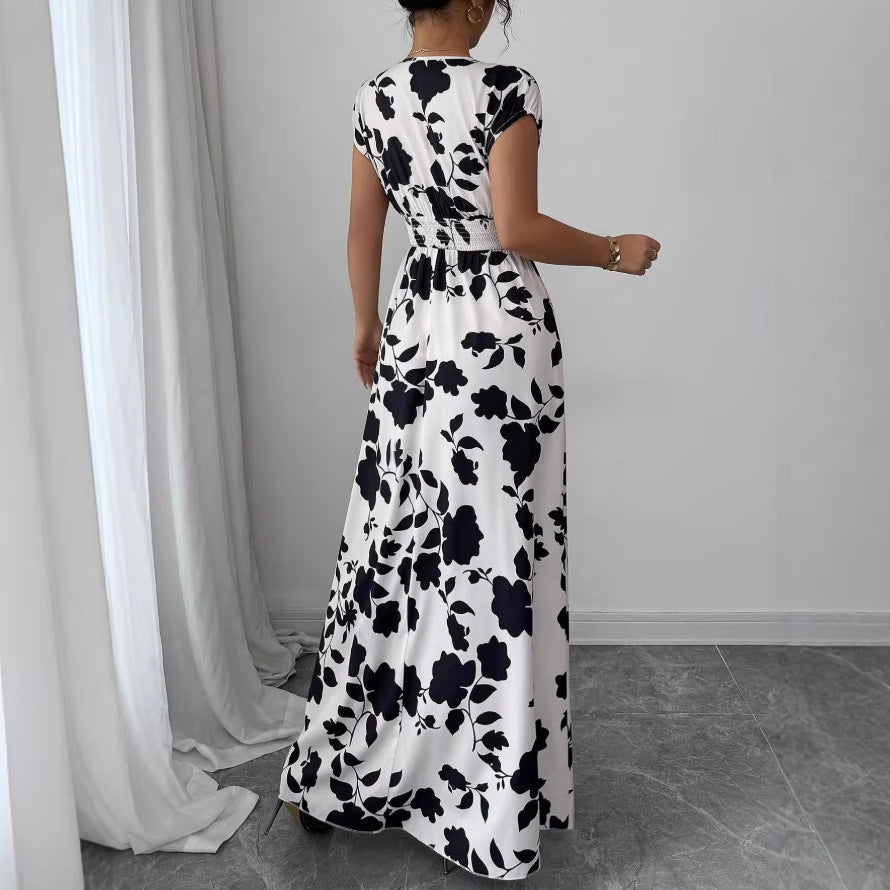 european and american new arrival cross-border french v-neck printed dress