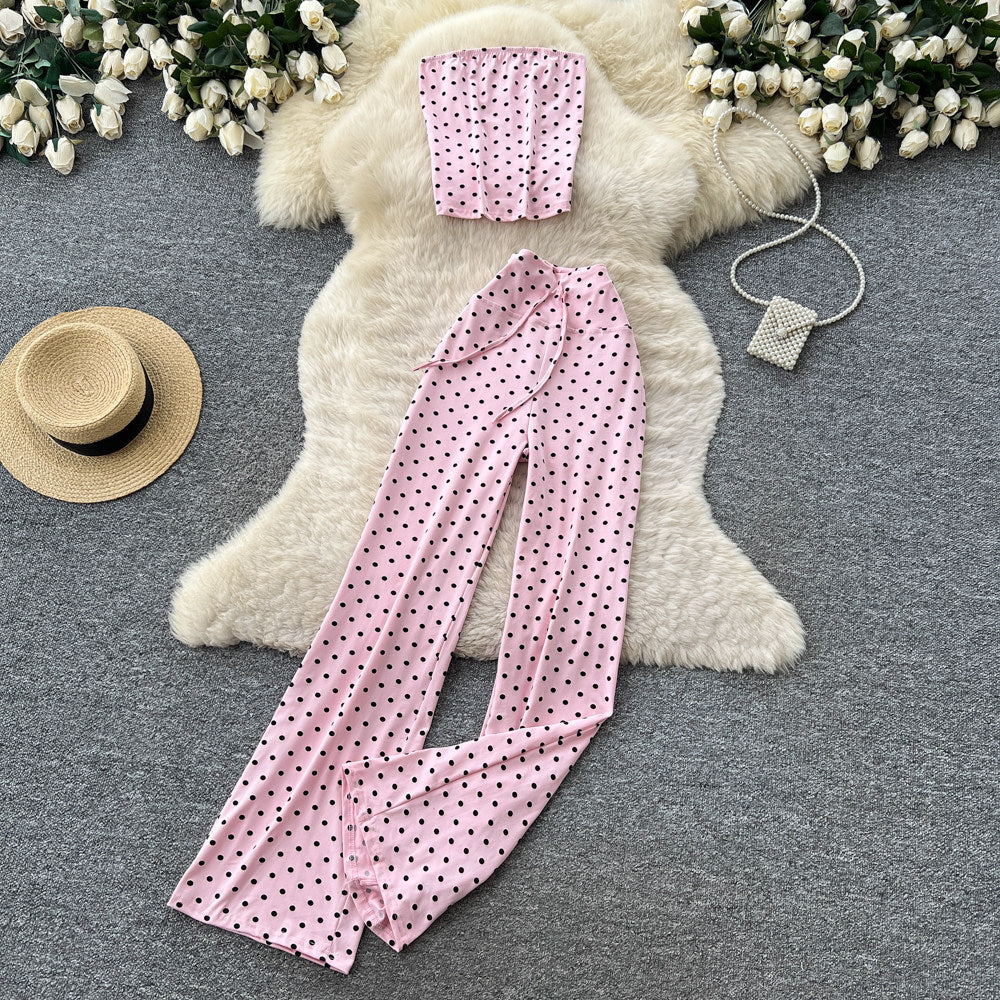 Lazy style strappy tube top vest high waist polka dot pants women's summertwo-piece setwork clothingslimming lookeleganteasiest for matchsuit