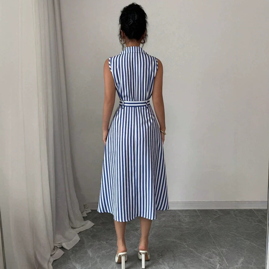new european and american cross-border  hot-selling striped waist-defining maxi dress - elegant, slimming, sleeveless a-line skirt