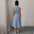 new european and american cross-border  hot-selling striped waist-defining maxi dress - elegant, slimming, sleeveless a-line skirt