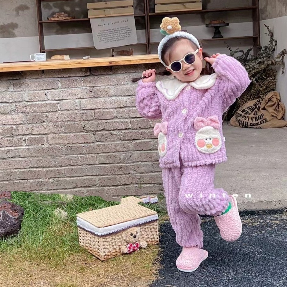 Girls' and boys' fleece-lined winter outerwear, baby girl's bunny ear pajamas, thickened sleepwear set
