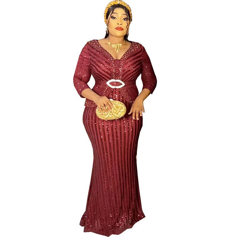 African cross-border  new arrival sequinfashion women's three-quarter sleeve fishtail long skirt sleeve fashion evening wear fashion
