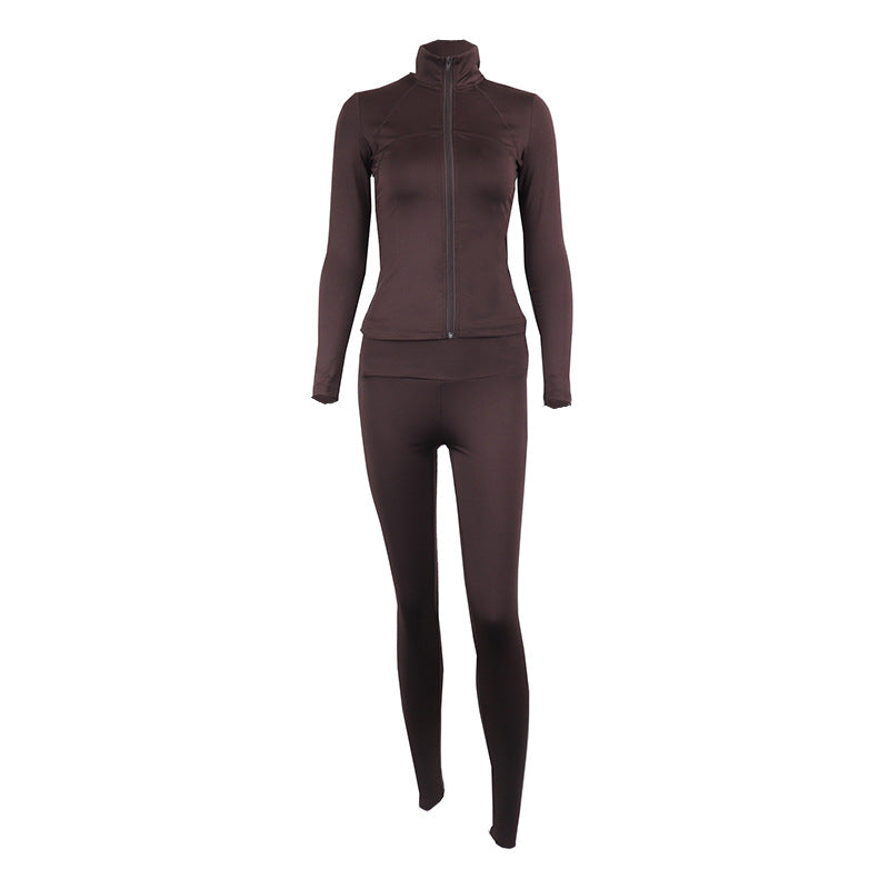 European and american cross-border  autumn solid color zip-up stand collar activewear set - trendy fashion workout yoga outfit (jacket & pants)
