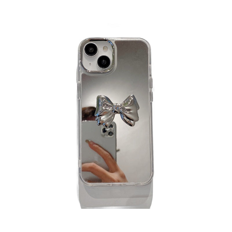 Mirror-finish apple 16 pro silver bowknot phone case, iphone 15/12 compatible, anti-drop hard protective case with wrist strap