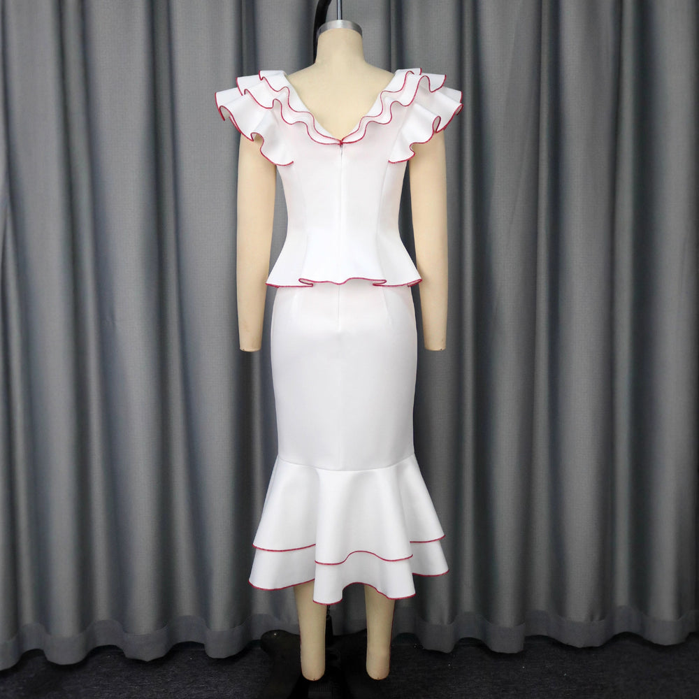 Elegant women's ruffle trim color block top and figure-flattering fishtail midi skirt two-piece set