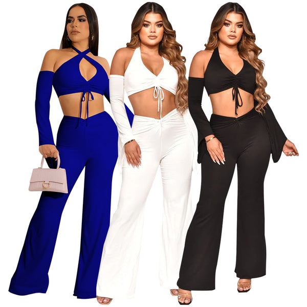 K10241 Factory Direct Sales   European and American Fashion Women's Clothing Neck Long Sleeve Button Pants Set Spot