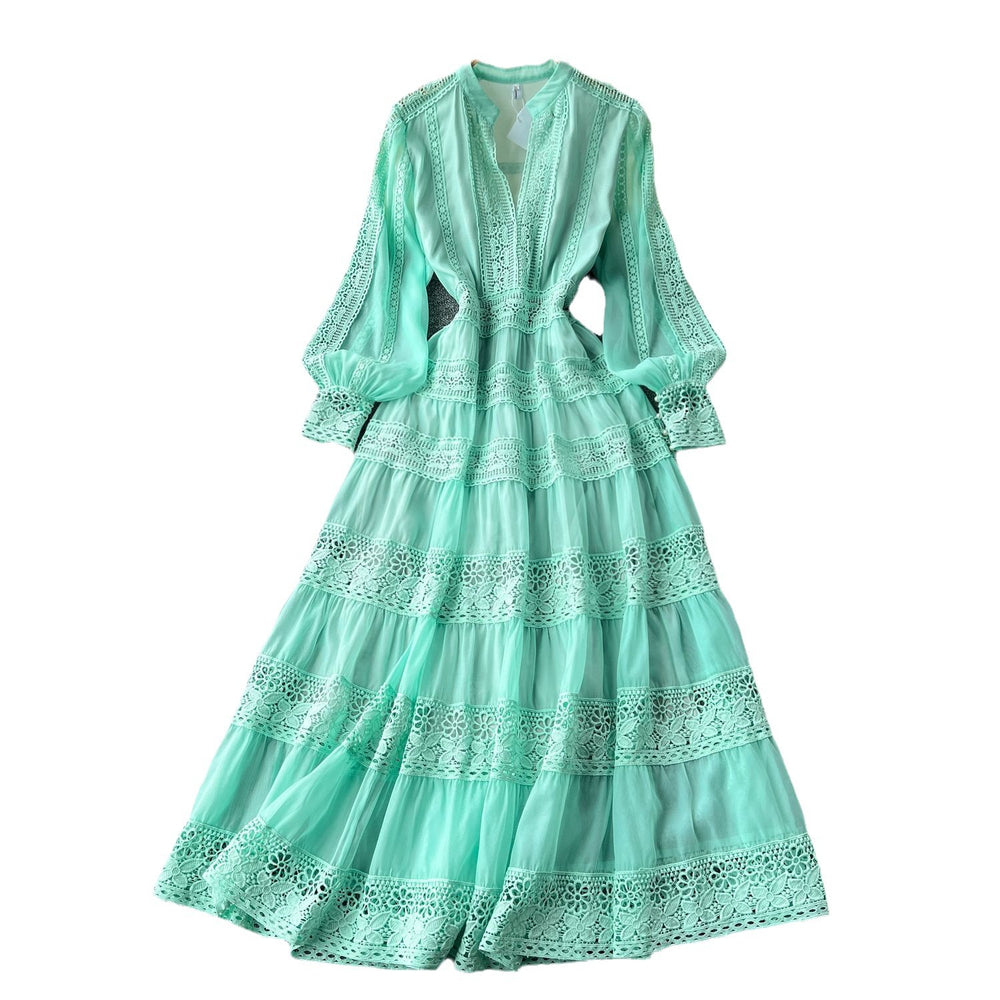 Frenchretrov necklacepatchwork waist long sleeves large swing dress women slimming lookclassyelegancelong skirt