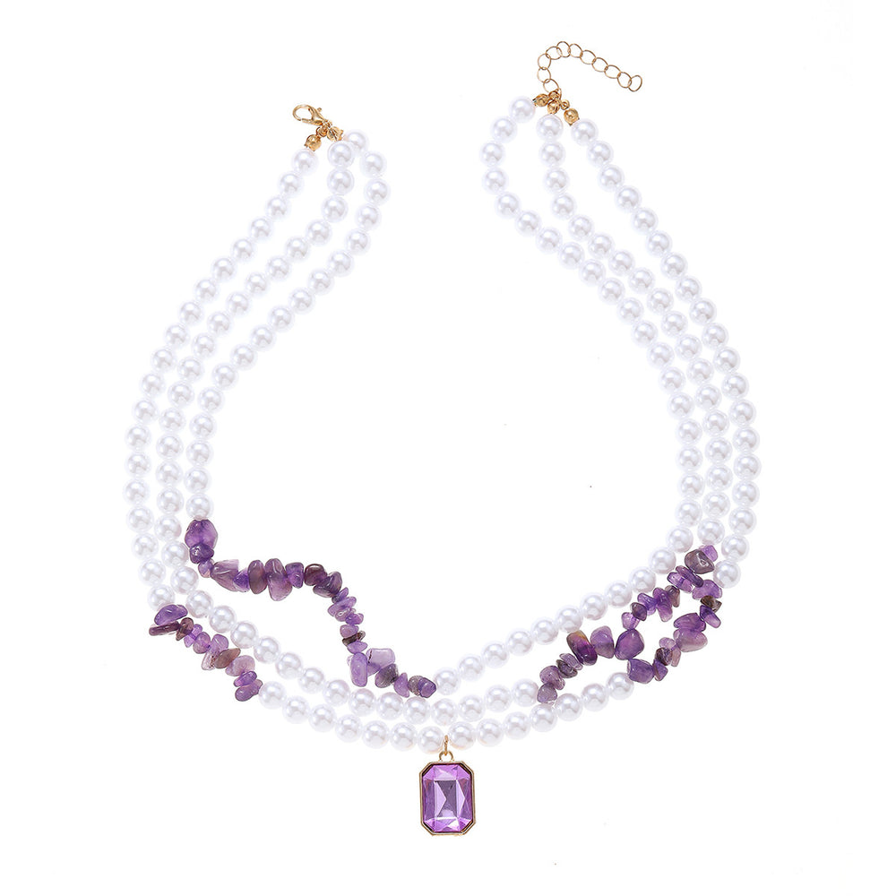 Wholesale purple crystal necklace - european & american style, geometric square pendant, light luxury, high-end faux pearl crushed stone choker
