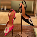 2026 early spring new pointed-toe rhinestone square buckle sexy high heel sandals, silk satin cutout back strap women's sandals
