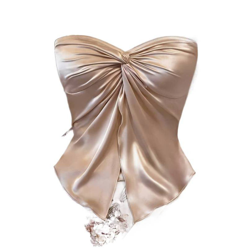 Women's summer new fashion elegant solid color satin twist knot strapless bandeau top - perfect for dates