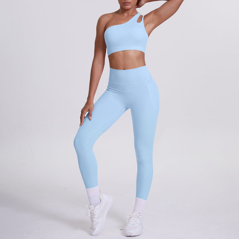 fashion double-sided brocade brushed single oblique shoulder yoga suit sports running fitness flap pocket pants pants two-piece set