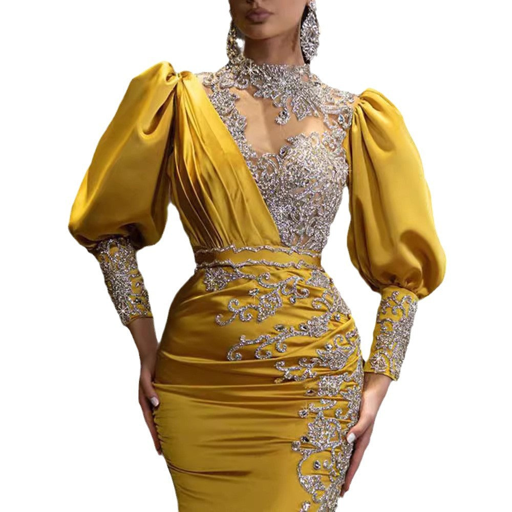 spring and summer new arrivalfashionexport women's wedding dress with big hem sexy gold-sprinkled dress with tail banquet evening dress
