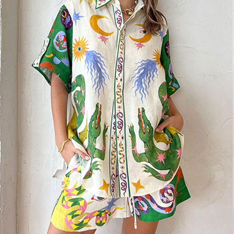 summer new women's fashion casual set - vacation-ready printed shirt and tie-waist shorts outfit