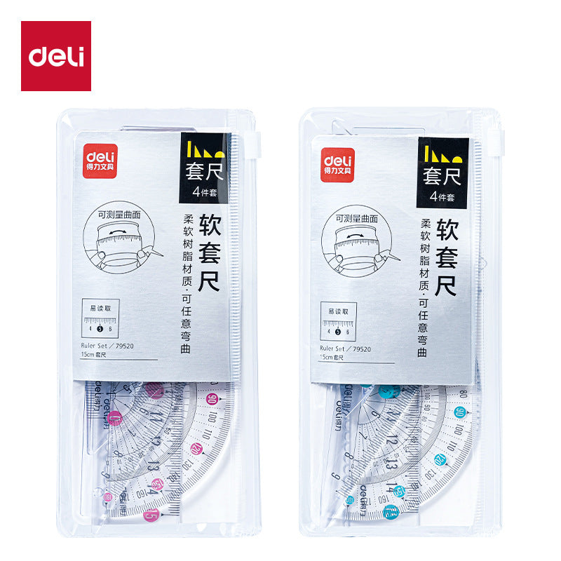 Deli 79520 Primary school students soft ruler set three-piece set isosceles triangular ruler ruler 15cm transparent small fresh