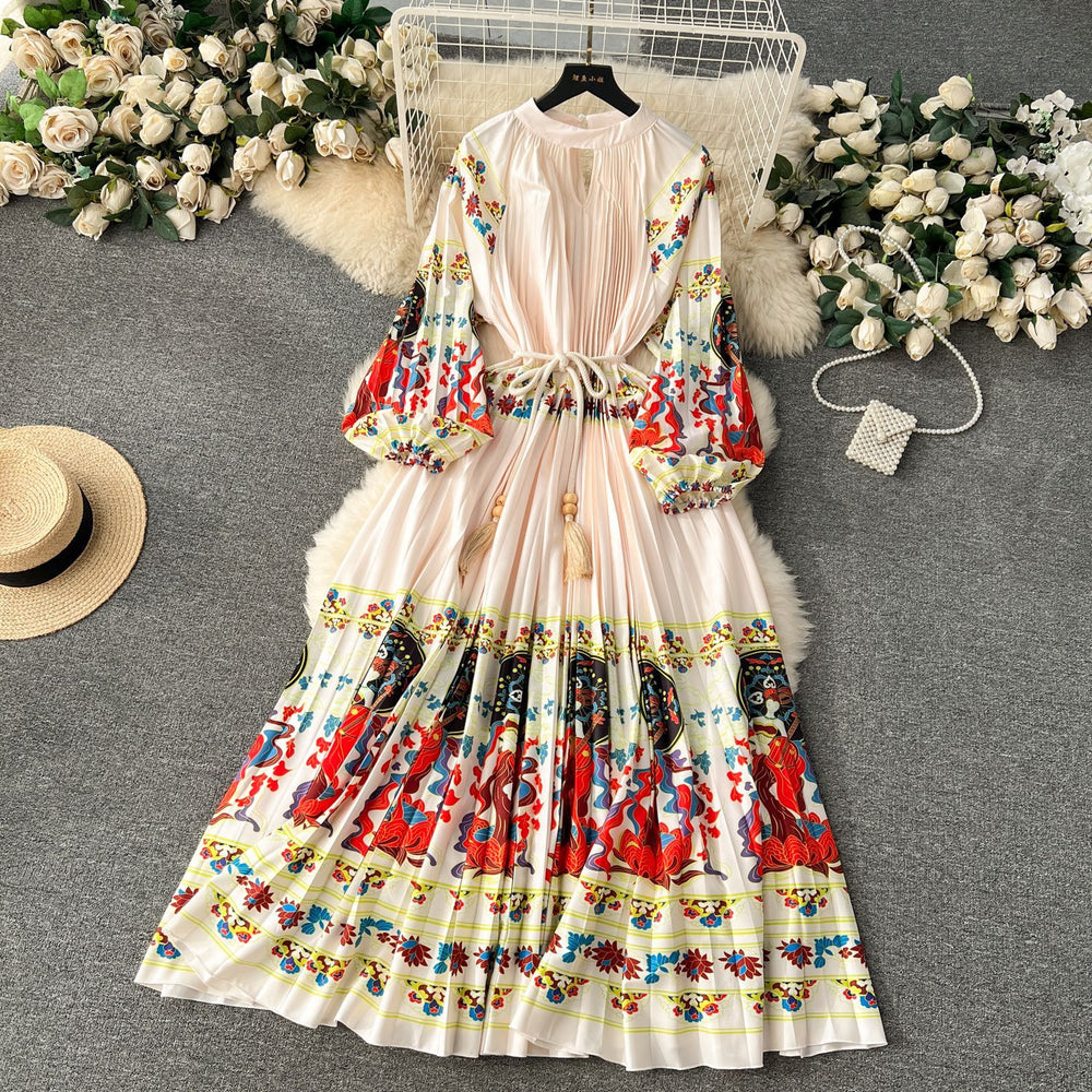 European and american retro court style design printed long dress with heavy pleating, puff sleeves, and pleated skirt - spring collection for women