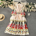 European and american retro court style design printed long dress with heavy pleating, puff sleeves, and pleated skirt - spring collection for women
