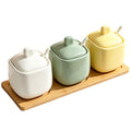 Wow, simple style seasoning jar ceramic seasoning box for home with lid wooden tray msg salt shaker round seasoning jar