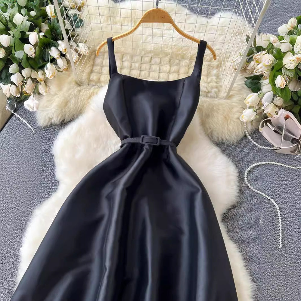 Evening party dress women's royal sister classy suspender long skirt french waist elegant puffy swing dress summer