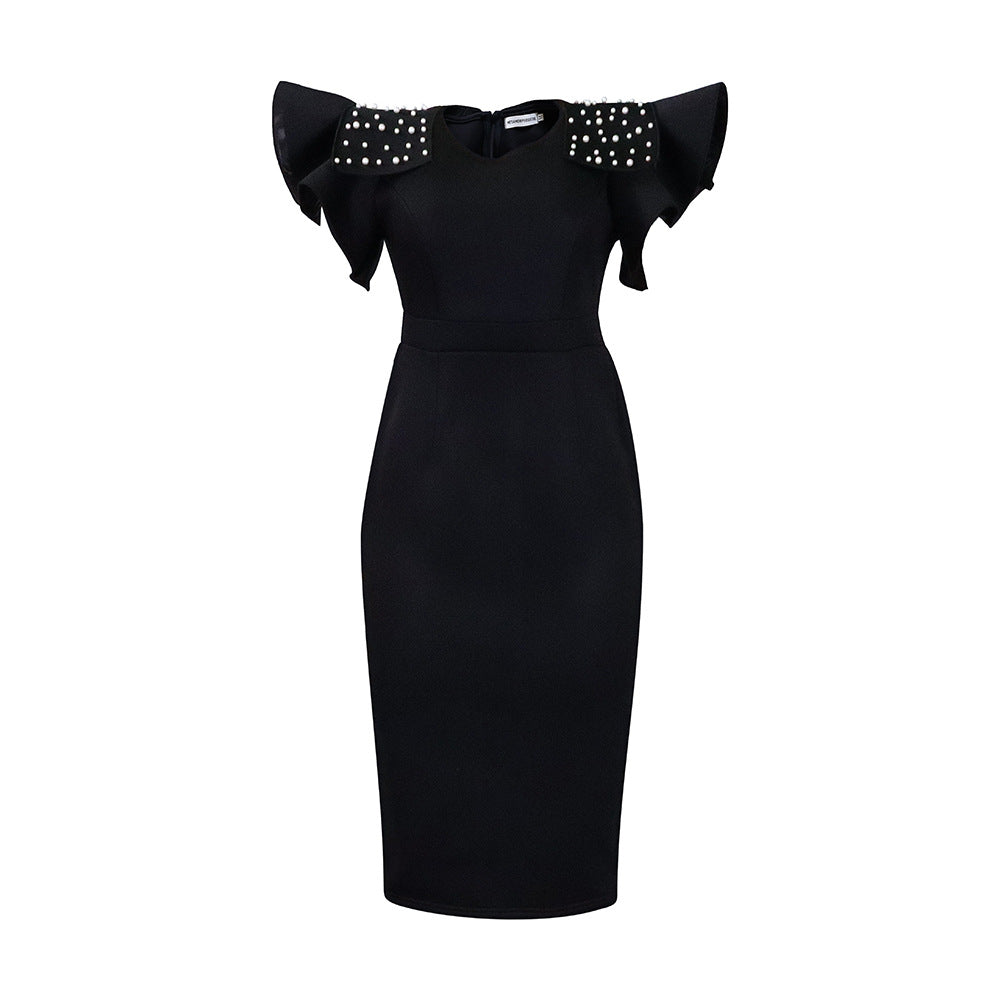 Plus size women's fashion: new  round neck ruffle sleeve slit beaded bodycon office lady dress - european & american style