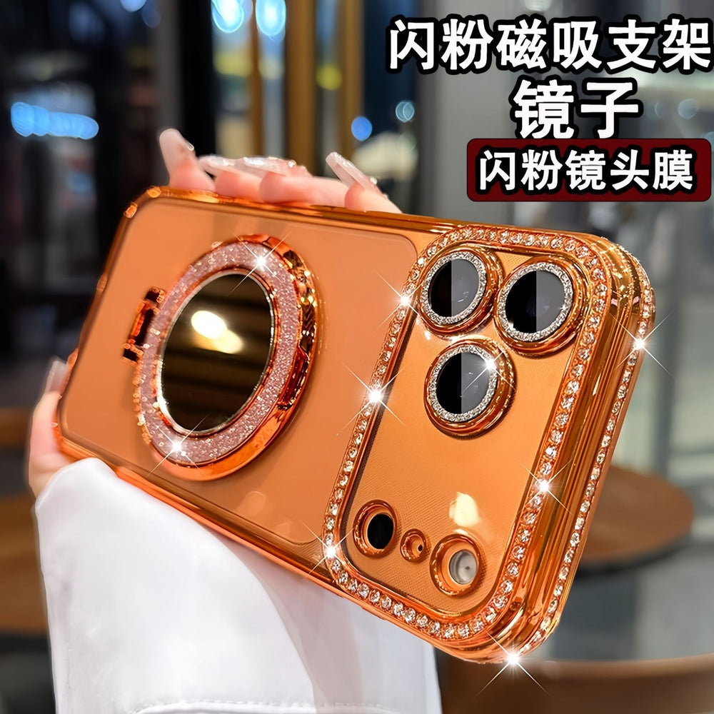 Luxury rhinestone-embellished frame case for iphone 17 pro max, apple 16 glitter mirror magnetic stand case