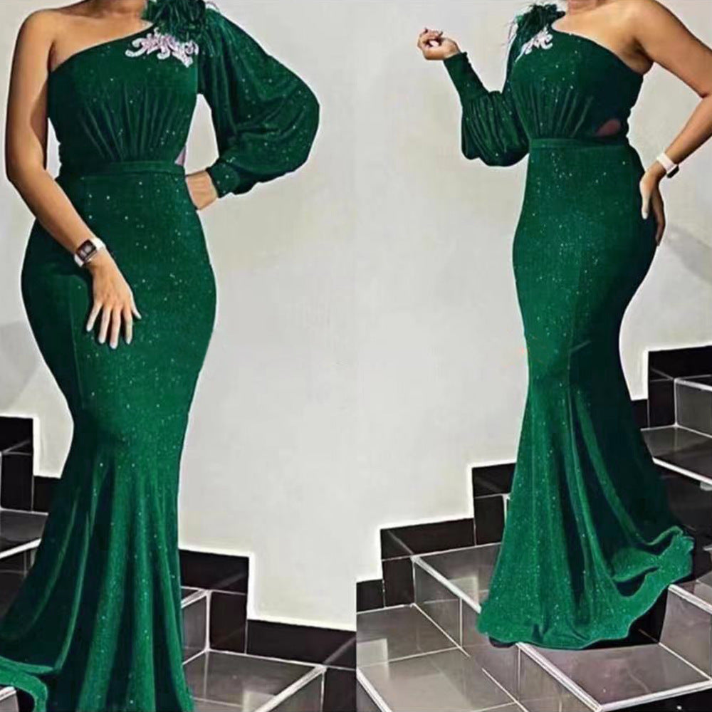 new year's eve bridesmaid dress train evening gown african women's one shoulder long skirt  dress