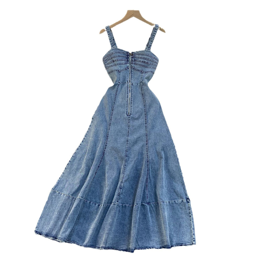 Fashion cross-border summernew arrival denim dress suspender backless high waist zipper silm large swing denim long skirt