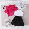 exclusive supply—girl fashion suit pink mesh short-sleeved top + white vest + black pleated skirt