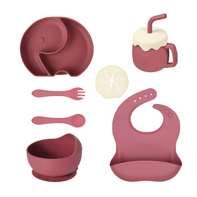Children's Silicone Plate 7-piece Set Baby Separate Plate Feeding Bib Water Cup Fork Spoon Supplementary Food Bowl Tableware