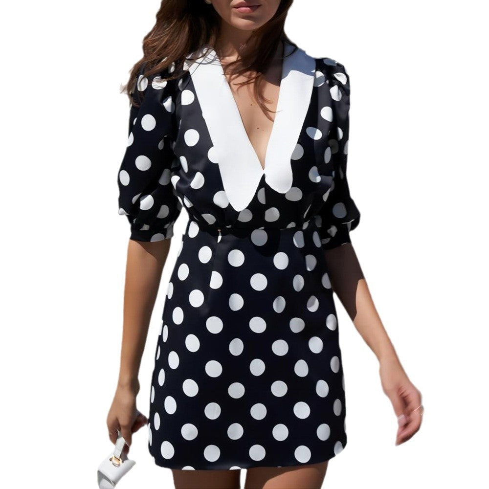 Summer European and American Independent Station 24-year-old new casual women's clothing   printing lapel dress skirt