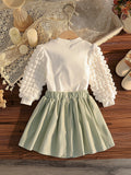 new autumn cross-border girls' textured 3d bubble long sleeve top and a-line bowknot skirt set