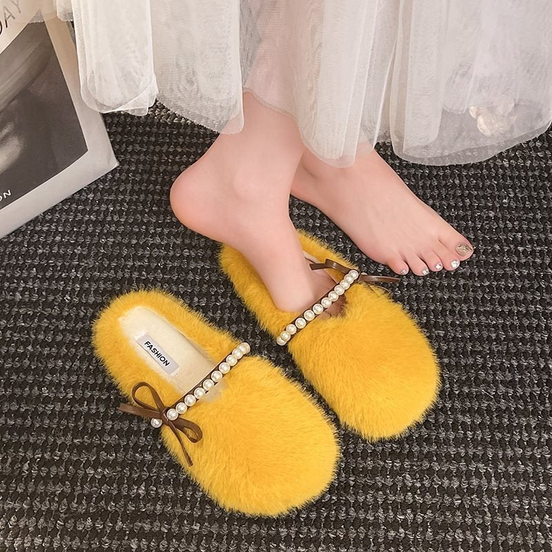Plus size fairy style pearl half-sole flat slippers -  autumn korean style warm lazy bowknot fuzzy slippers