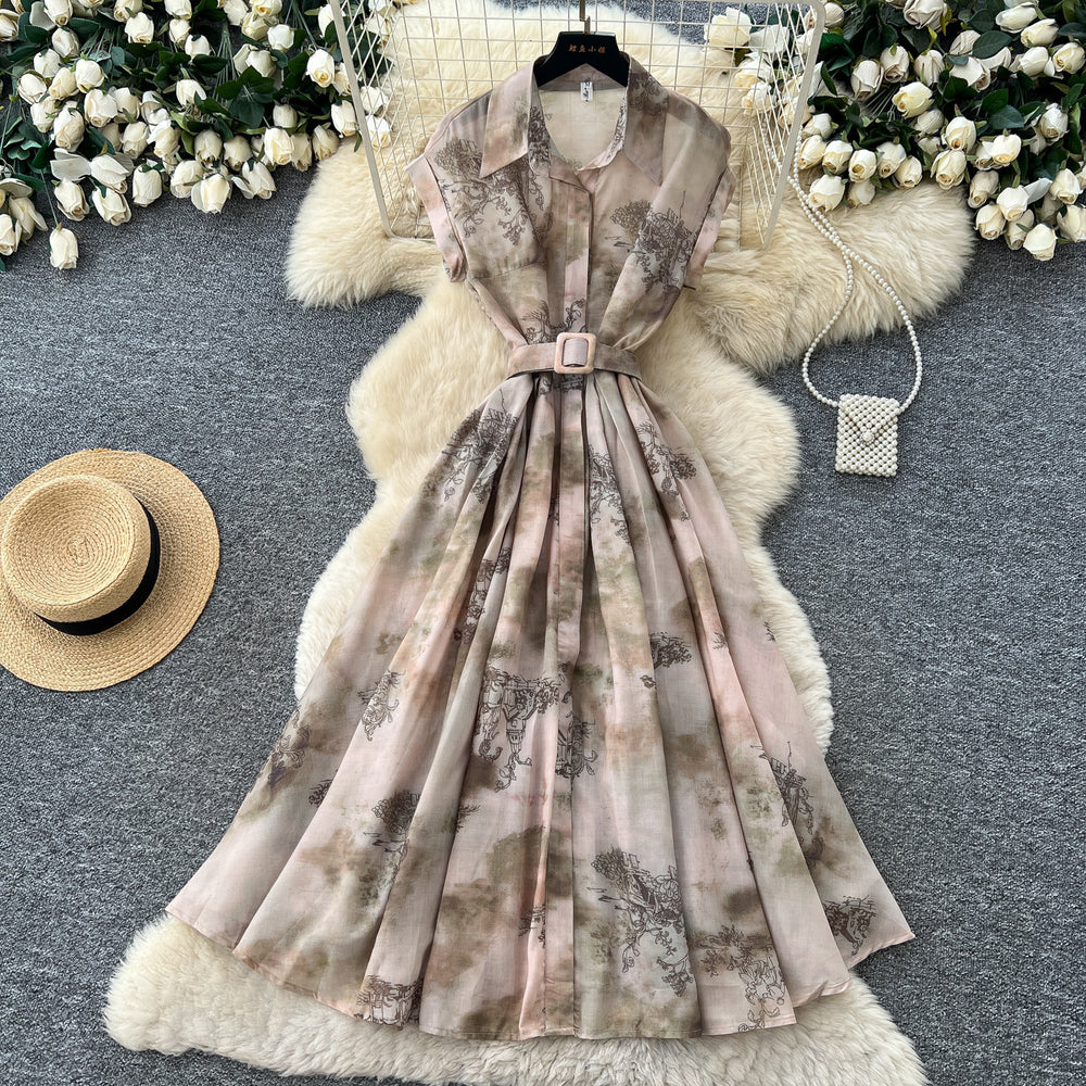 French retro print dress - women's fall  collection - cinched waist a-line maxi dress - elegant, slimming, and chic for work or play