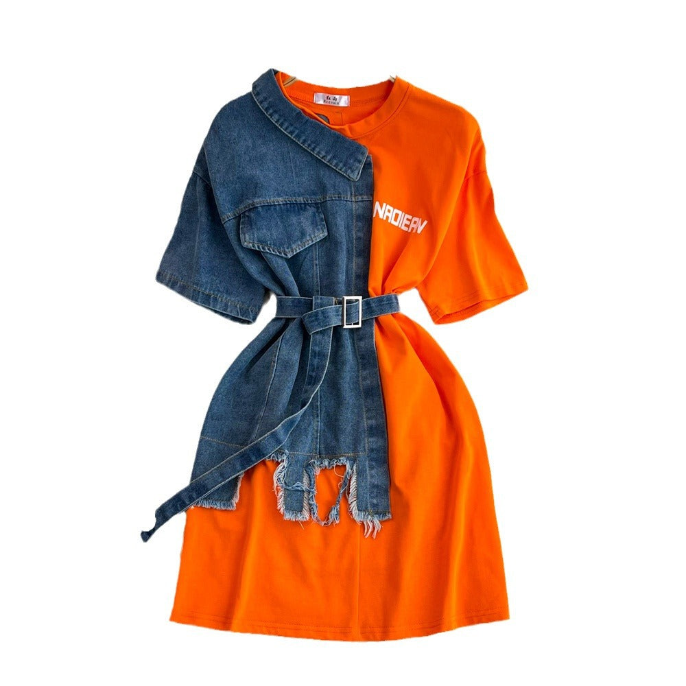 Retro hong kong style elegant waist with belt round neck color matching denim shirt spring new arrivalchiccasual medium length tops