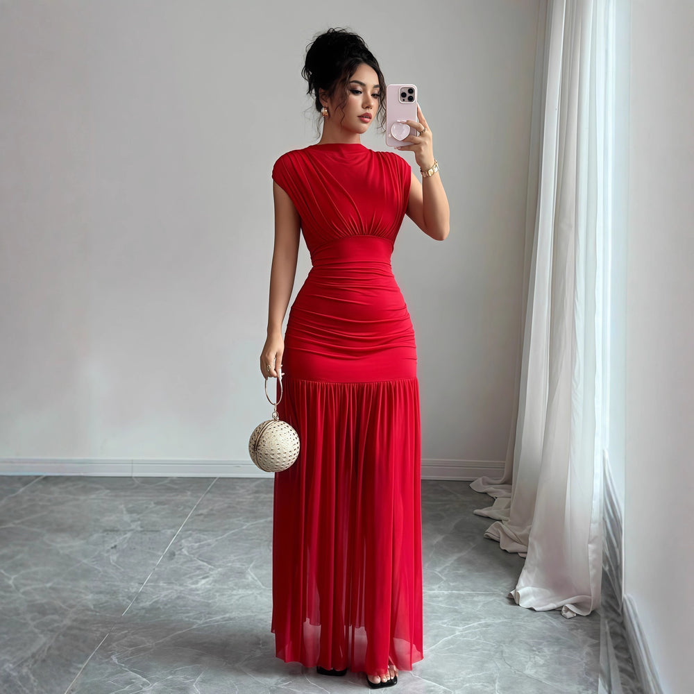 European and american cross-border women's fashion:  autumn new arrival - solid color round neck flutter sleeve cinched waist ruched elegant long dress