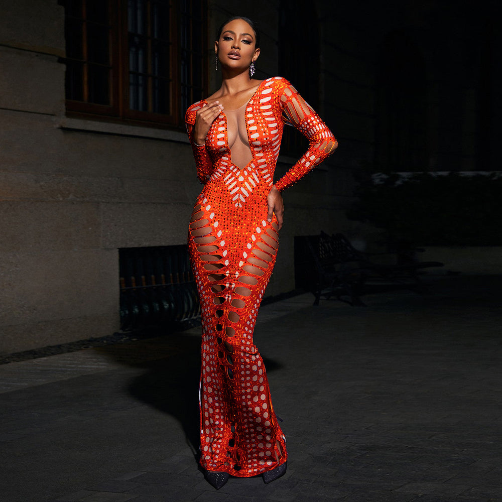 hot-selling european and american women's clothing sexy ripped tight-fitting hip-hugging dress hot diamond printing long skirt