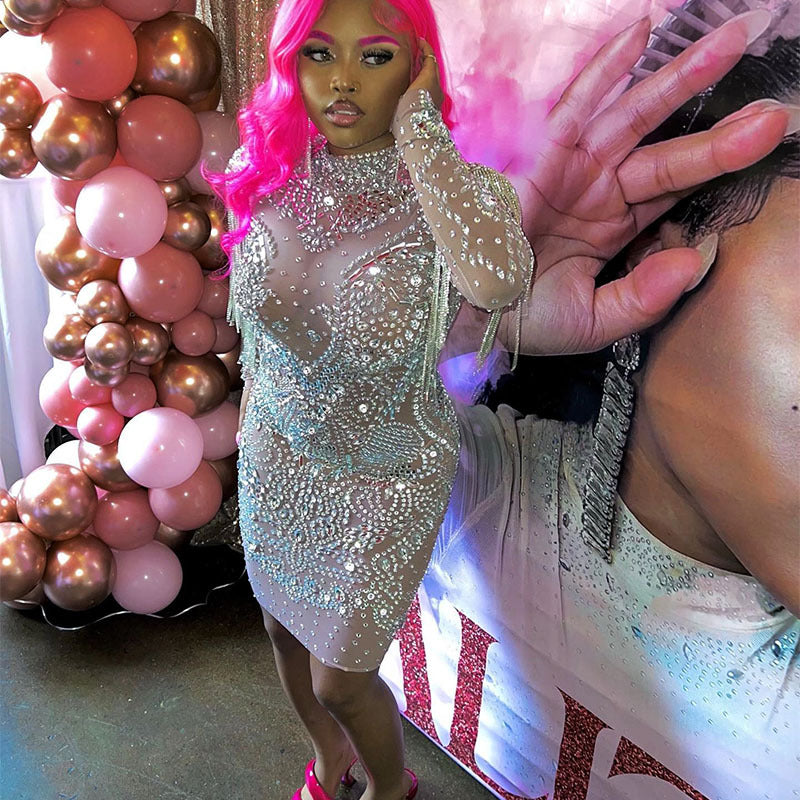 supply customclassy rhinestone mesh elastic european and american african sexy silmlong sleevesdressin stock