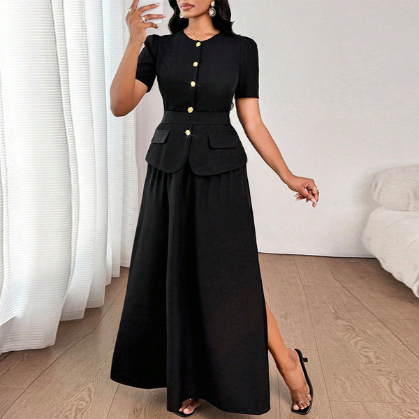 Ruihu 2025 Cross-border  Foreign Trade European and American Temperament Short Sleeve Small Jacket Skirt Two-piece Long Skirt Set