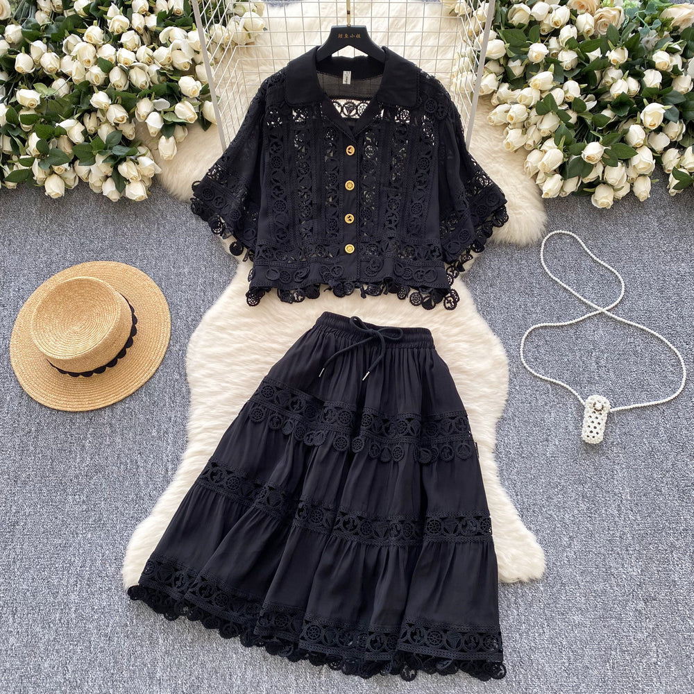 Fashionexportfrench palace style lacecut out crochet shorttopshigh waistlacepatchwork skirtsuit