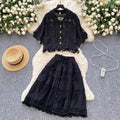 Fashionexportfrench palace style lacecut out crochet shorttopshigh waistlacepatchwork skirtsuit