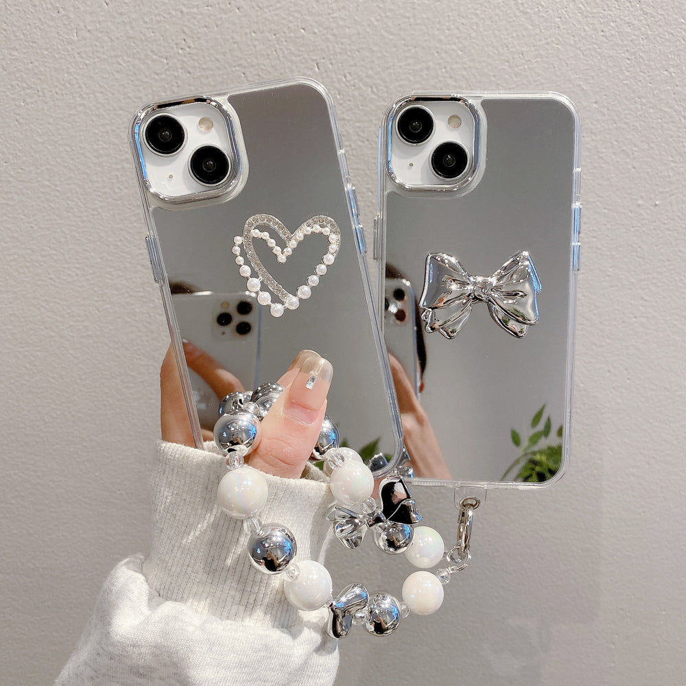 Mirror-finish apple 16 pro silver bowknot phone case, iphone 15/12 compatible, anti-drop hard protective case with wrist strap