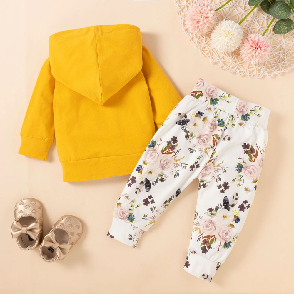 European and american style cross-border autumn/winter girls' hooded color block pocket long sleeve sweatshirt and floral print pants set for toddlers and young children